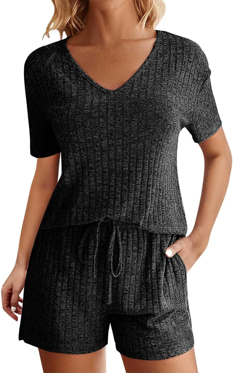 Ribbed Knit Lounge Sets for Women Summer 2 Piece Outfits Short Sleeve Top and Shorts Pajama Set Sweatsuit With Pocket