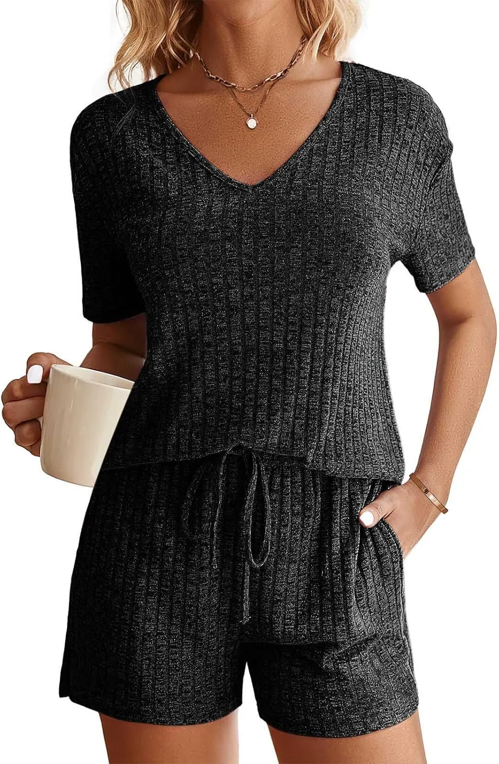 Ribbed Knit Lounge Sets for Women Summer 2 Piece Outfits Short Sleeve Top and Shorts Pajama Set Sweatsuit With Pocket