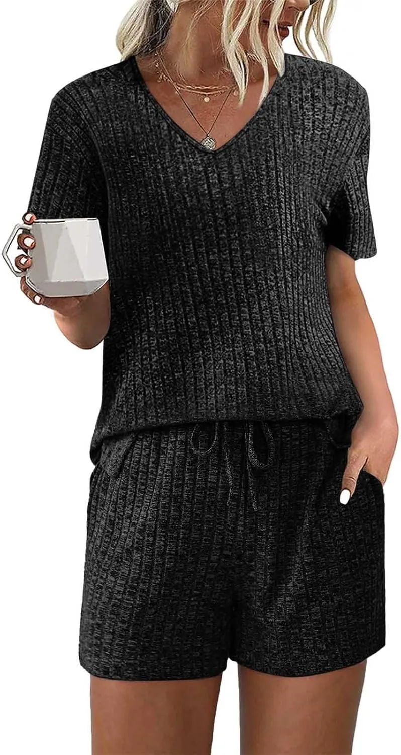 Ribbed Knit Lounge Sets for Women Summer 2 Piece Outfits Short Sleeve Top and Shorts Pajama Set Sweatsuit With Pocket