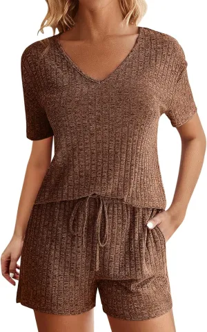 Ribbed Knit Lounge Sets for Women Summer 2 Piece Outfits Short Sleeve Top and Shorts Pajama Set Sweatsuit With Pocket