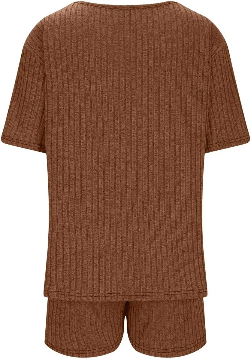 Ribbed Knit Lounge Sets for Women Summer 2 Piece Outfits Short Sleeve Top and Shorts Pajama Set Sweatsuit With Pocket