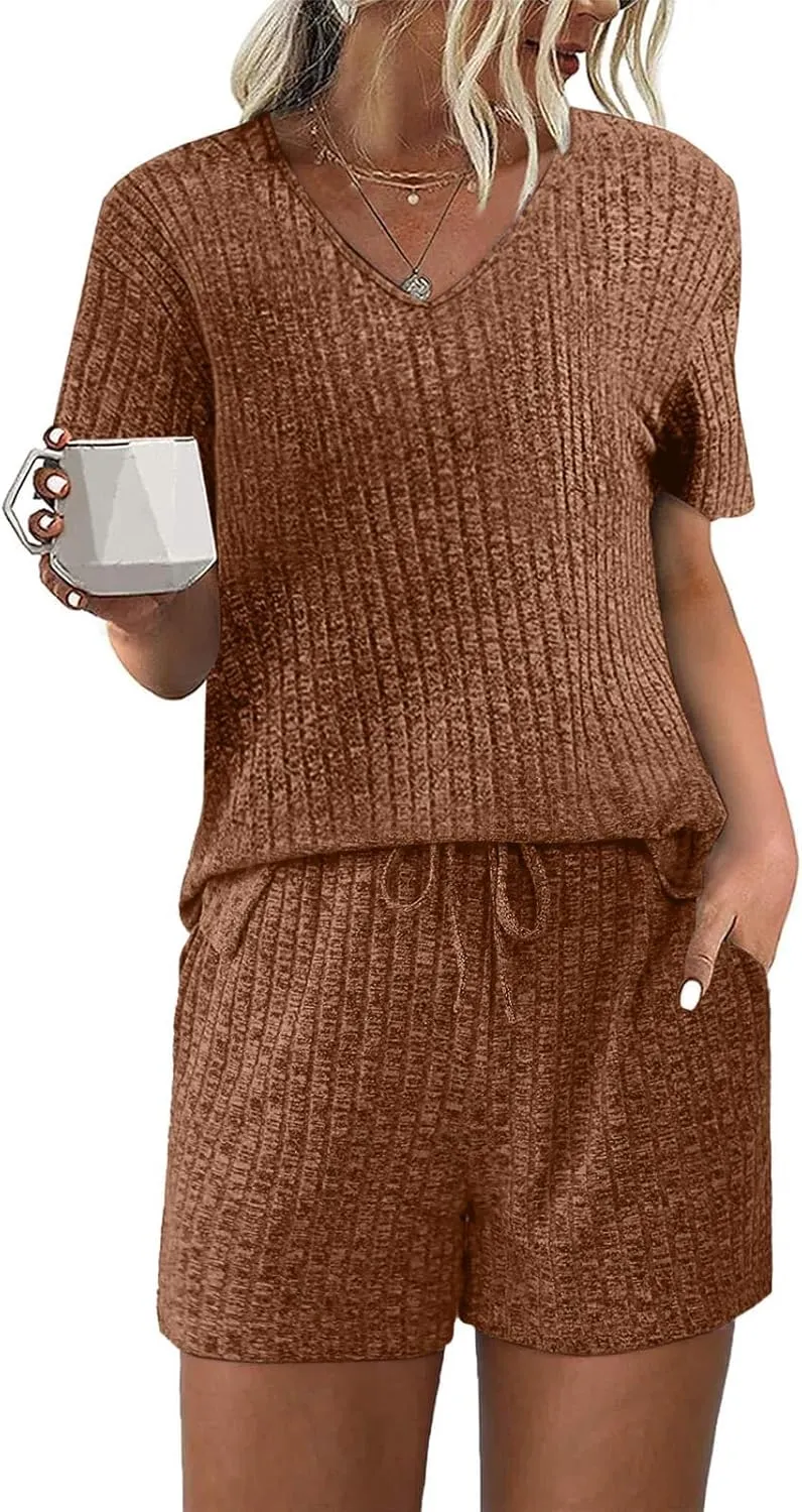 Ribbed Knit Lounge Sets for Women Summer 2 Piece Outfits Short Sleeve Top and Shorts Pajama Set Sweatsuit With Pocket