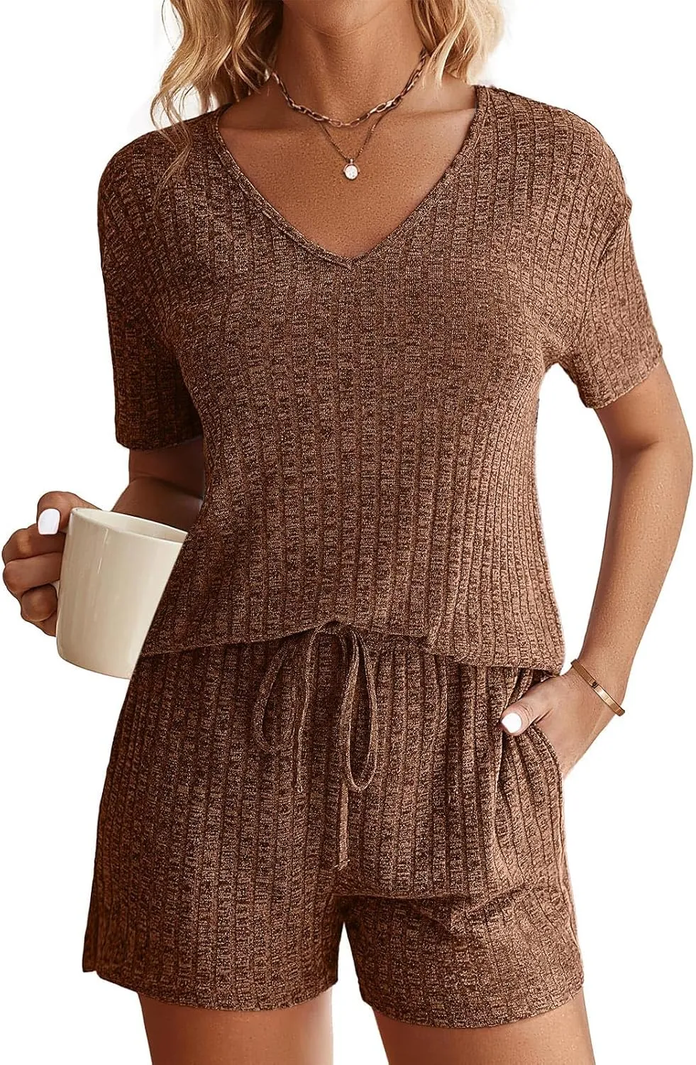 Ribbed Knit Lounge Sets for Women Summer 2 Piece Outfits Short Sleeve Top and Shorts Pajama Set Sweatsuit With Pocket