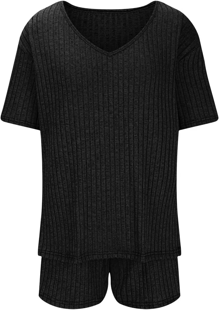 Ribbed Knit Lounge Sets for Women Summer 2 Piece Outfits Short Sleeve Top and Shorts Pajama Set Sweatsuit With Pocket
