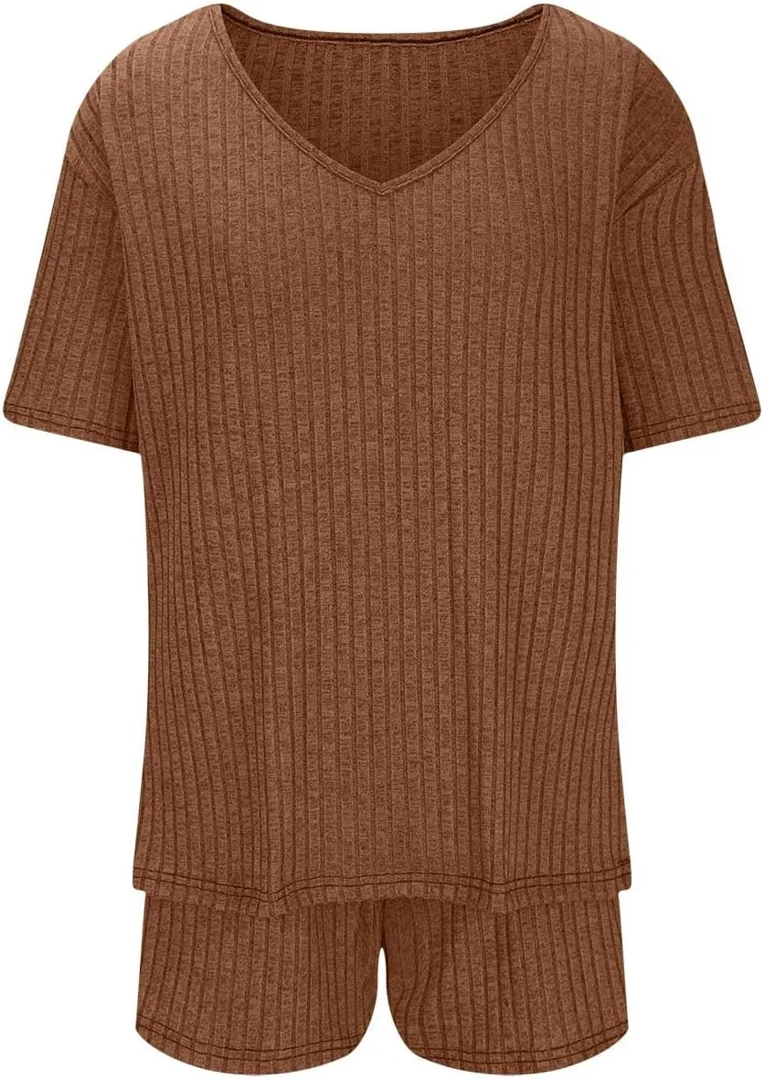 Ribbed Knit Lounge Sets for Women Summer 2 Piece Outfits Short Sleeve Top and Shorts Pajama Set Sweatsuit With Pocket