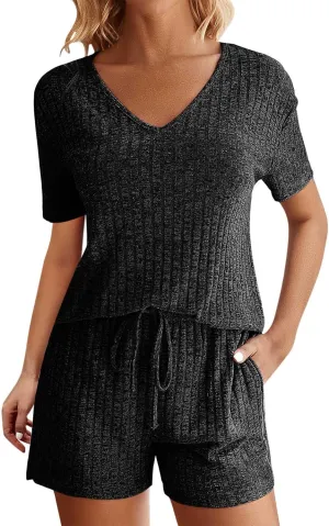 Ribbed Knit Lounge Sets for Women Summer 2 Piece Outfits Short Sleeve Top and Shorts Pajama Set Sweatsuit With Pocket