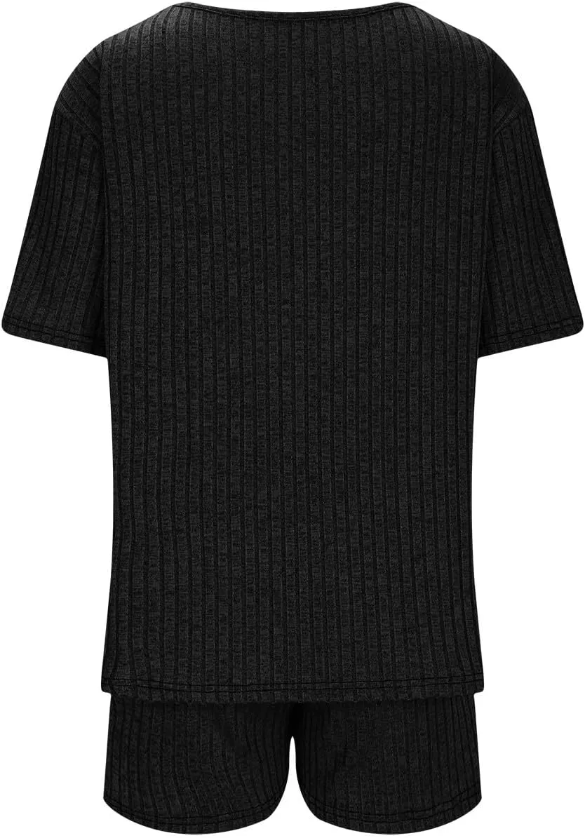 Ribbed Knit Lounge Sets for Women Summer 2 Piece Outfits Short Sleeve Top and Shorts Pajama Set Sweatsuit With Pocket