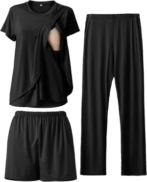 Rnxrbb 3 Piece Postpartum Nursing Pajamas Set Casual Soft Maternity Breastfeeding Pjs Sleepwear Loungewear Clothes Layer