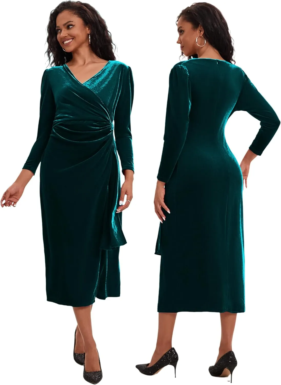 ROYAL MATRIX Women Velvet Dress Wrap V Neck Long Sleeve Maxi Dress Ruched Asymmetrical Midi Dress for Wedding Guest