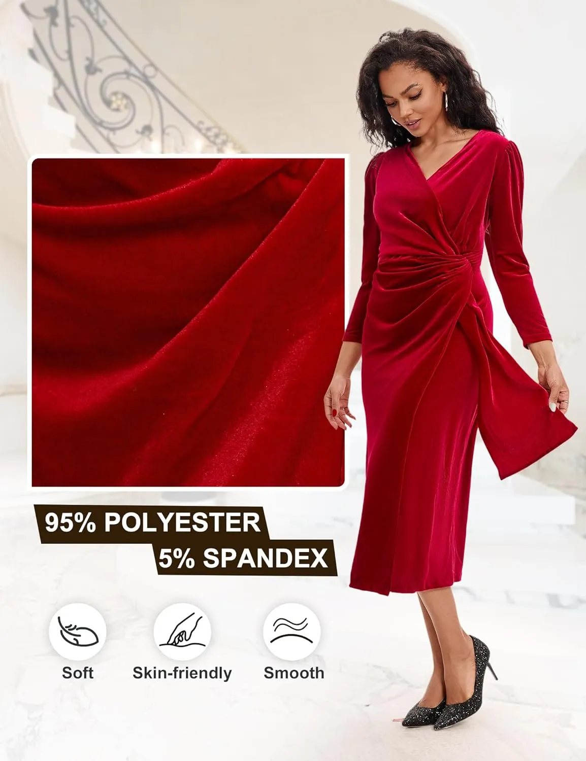 ROYAL MATRIX Women Velvet Dress Wrap V Neck Long Sleeve Maxi Dress Ruched Asymmetrical Midi Dress for Wedding Guest