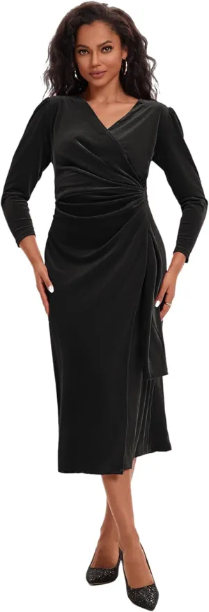 ROYAL MATRIX Women Velvet Dress Wrap V Neck Long Sleeve Maxi Dress Ruched Asymmetrical Midi Dress for Wedding Guest