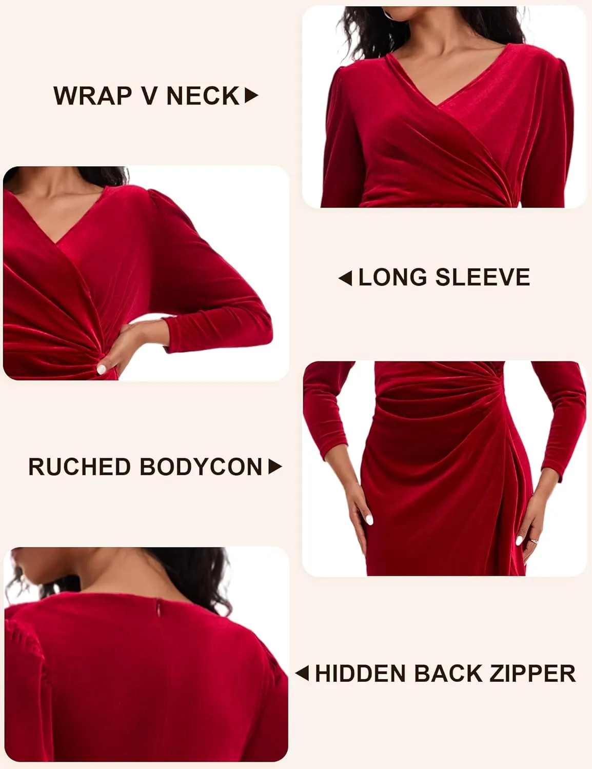 ROYAL MATRIX Women Velvet Dress Wrap V Neck Long Sleeve Maxi Dress Ruched Asymmetrical Midi Dress for Wedding Guest