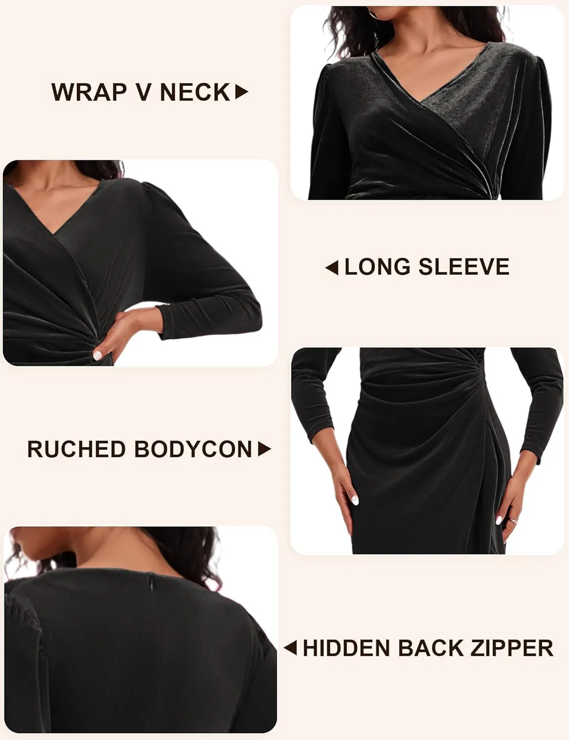 ROYAL MATRIX Women Velvet Dress Wrap V Neck Long Sleeve Maxi Dress Ruched Asymmetrical Midi Dress for Wedding Guest