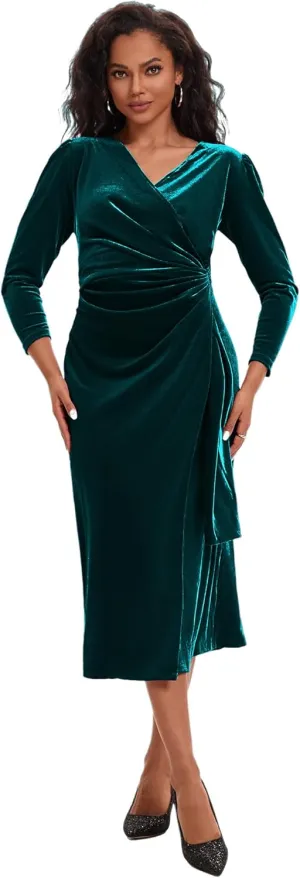 ROYAL MATRIX Women Velvet Dress Wrap V Neck Long Sleeve Maxi Dress Ruched Asymmetrical Midi Dress for Wedding Guest
