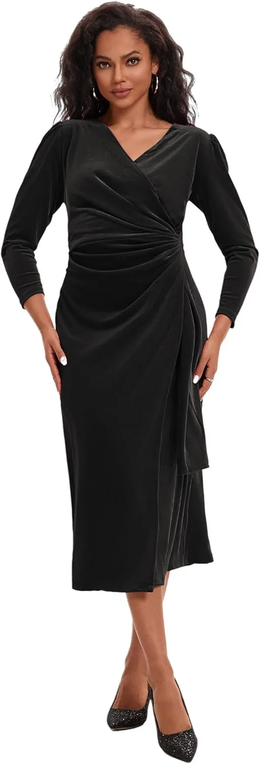 ROYAL MATRIX Women Velvet Dress Wrap V Neck Long Sleeve Maxi Dress Ruched Asymmetrical Midi Dress for Wedding Guest