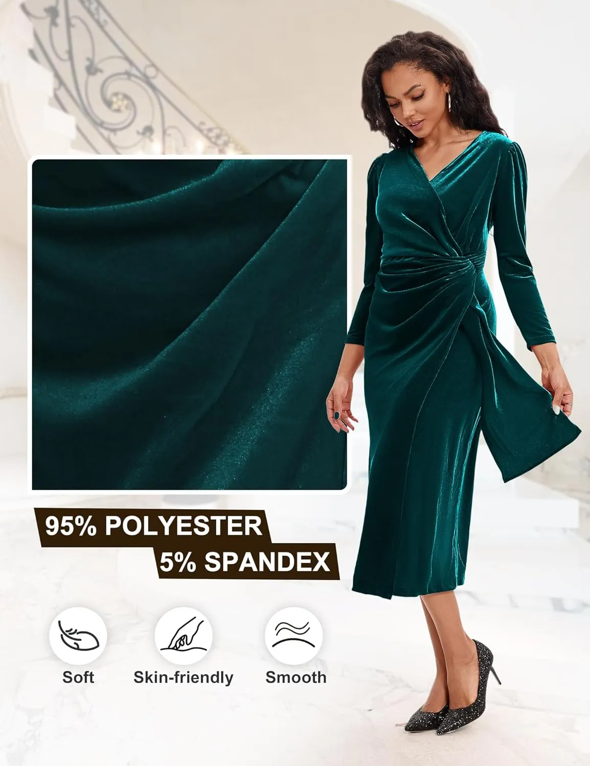 ROYAL MATRIX Women Velvet Dress Wrap V Neck Long Sleeve Maxi Dress Ruched Asymmetrical Midi Dress for Wedding Guest