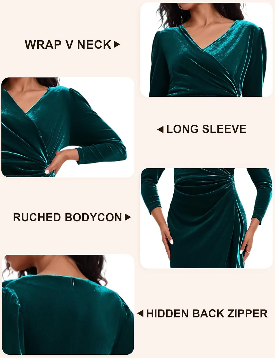 ROYAL MATRIX Women Velvet Dress Wrap V Neck Long Sleeve Maxi Dress Ruched Asymmetrical Midi Dress for Wedding Guest