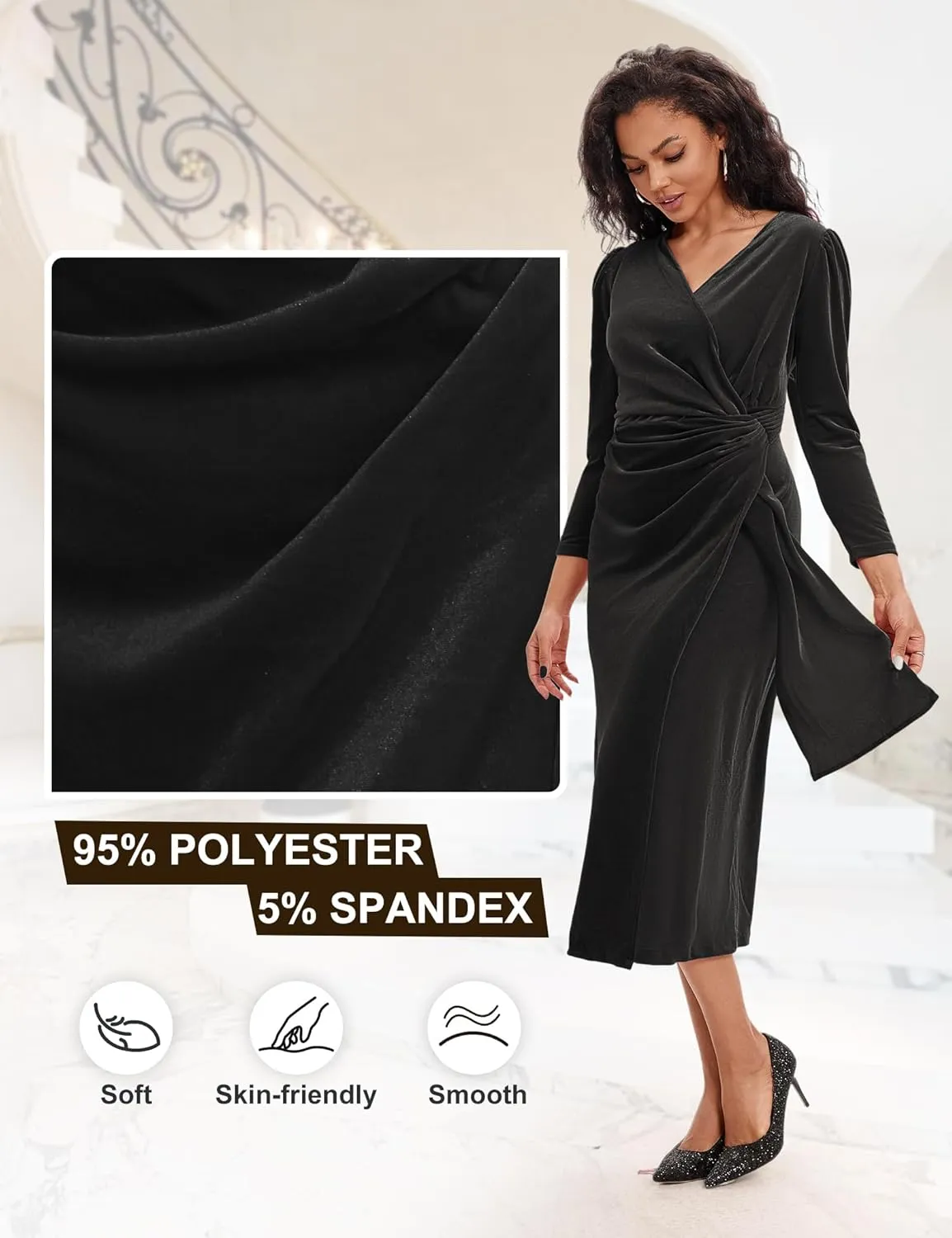 ROYAL MATRIX Women Velvet Dress Wrap V Neck Long Sleeve Maxi Dress Ruched Asymmetrical Midi Dress for Wedding Guest
