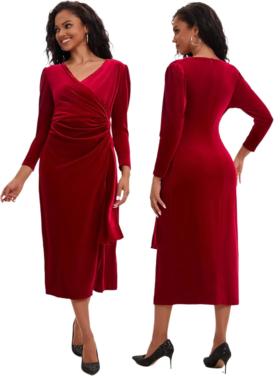 ROYAL MATRIX Women Velvet Dress Wrap V Neck Long Sleeve Maxi Dress Ruched Asymmetrical Midi Dress for Wedding Guest