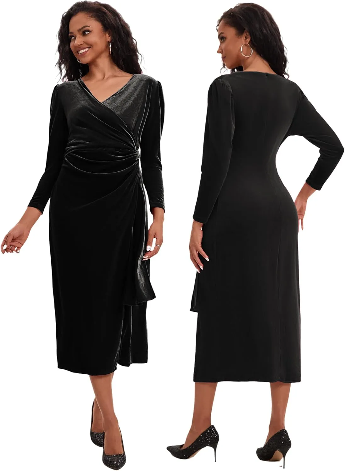 ROYAL MATRIX Women Velvet Dress Wrap V Neck Long Sleeve Maxi Dress Ruched Asymmetrical Midi Dress for Wedding Guest