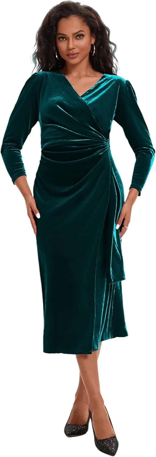 ROYAL MATRIX Women Velvet Dress Wrap V Neck Long Sleeve Maxi Dress Ruched Asymmetrical Midi Dress for Wedding Guest