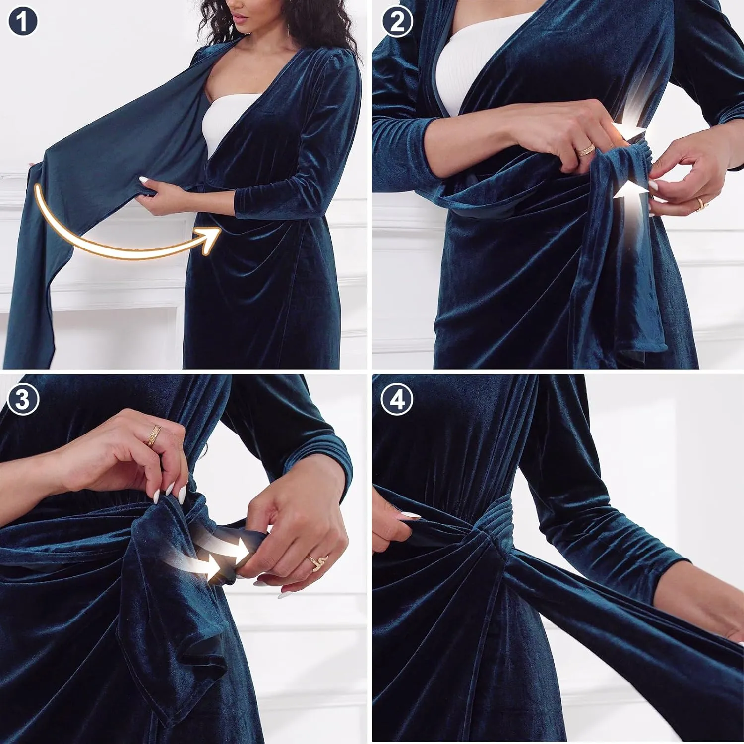 ROYAL MATRIX Women Velvet Dress Wrap V Neck Long Sleeve Maxi Dress Ruched Asymmetrical Midi Dress for Wedding Guest