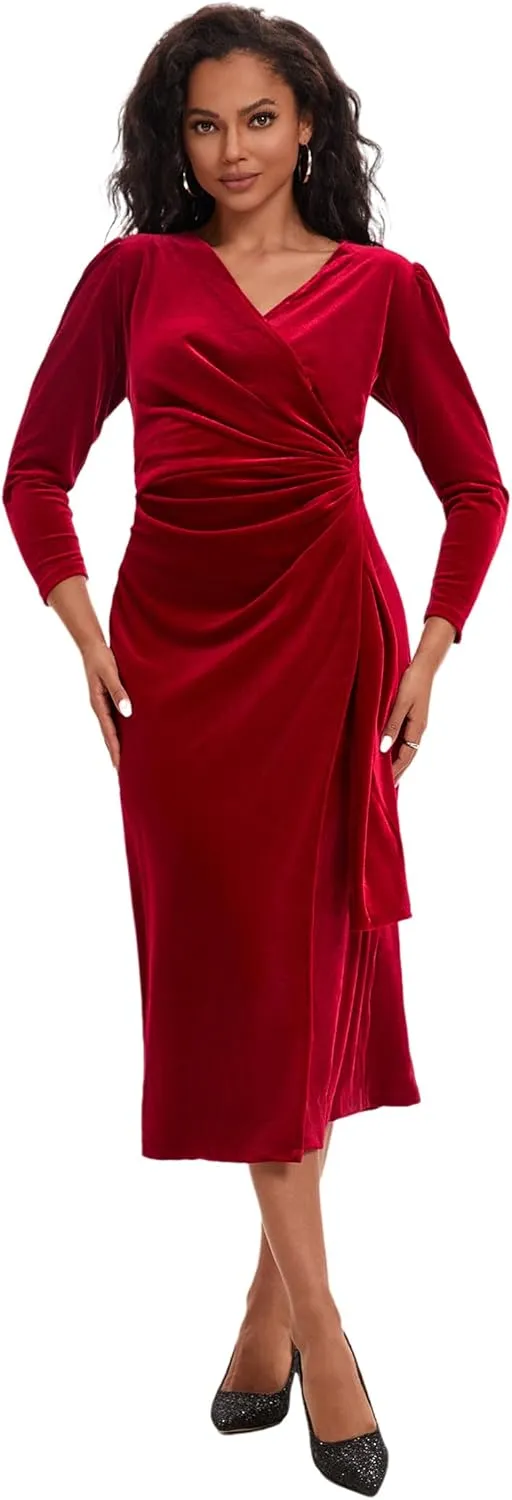 ROYAL MATRIX Women Velvet Dress Wrap V Neck Long Sleeve Maxi Dress Ruched Asymmetrical Midi Dress for Wedding Guest