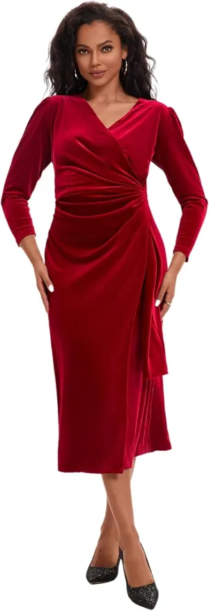 ROYAL MATRIX Women Velvet Dress Wrap V Neck Long Sleeve Maxi Dress Ruched Asymmetrical Midi Dress for Wedding Guest