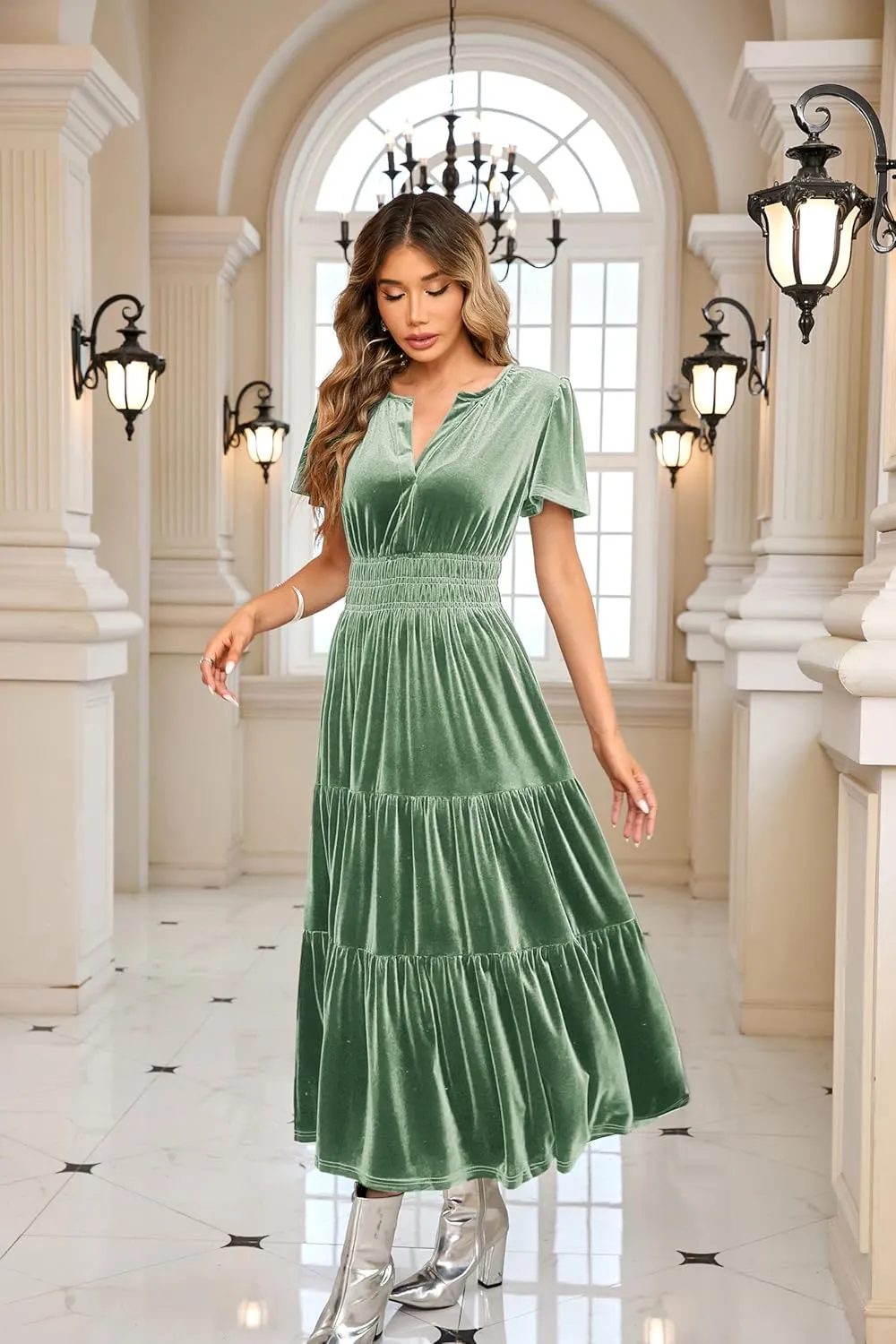 R.Vivimos Women's Fall Winter Vintage Velvet Dress Short Sleeve V Neck Elastic Waist Tiered Ruffle A-Line Flowy Maxi Dress