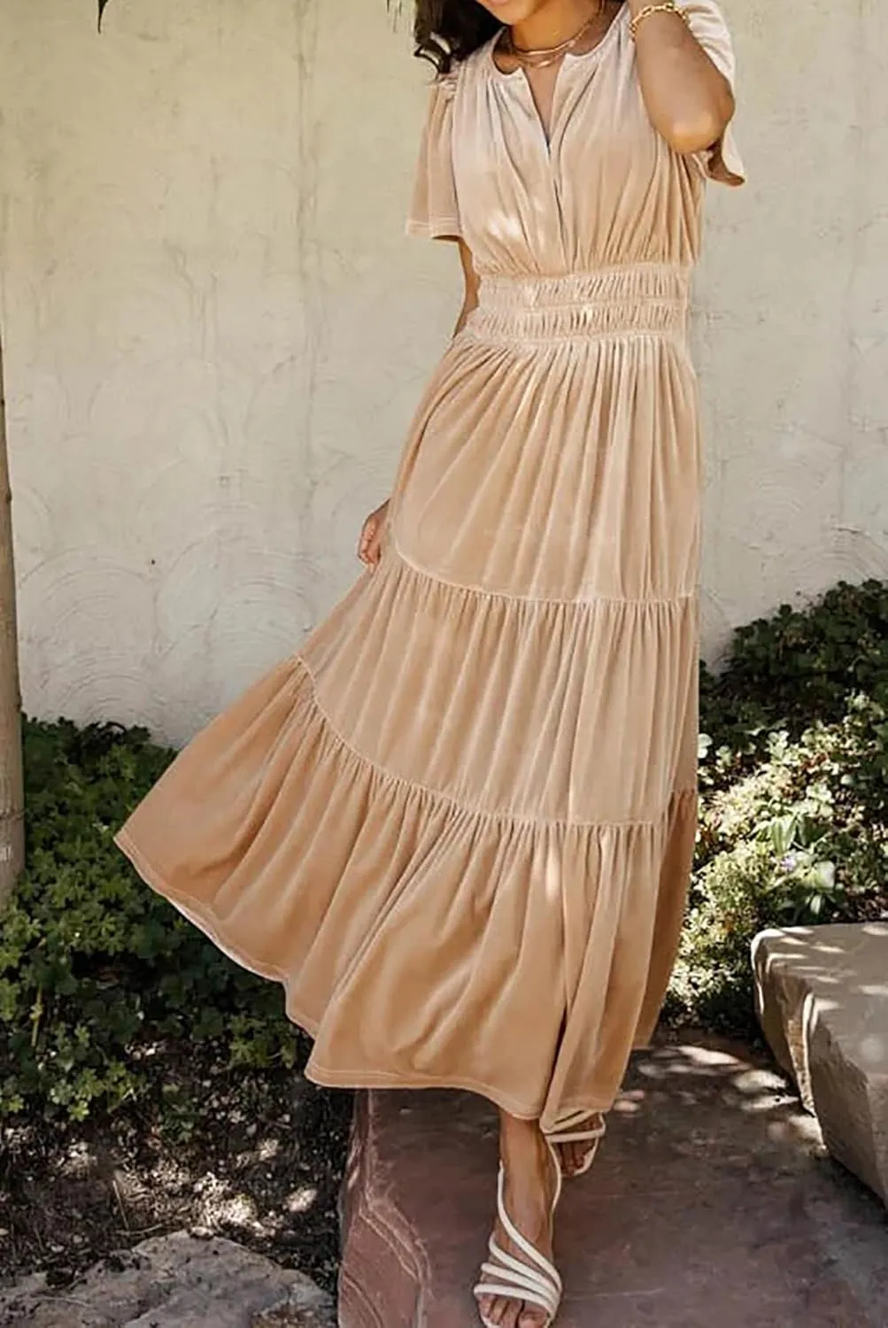 R.Vivimos Women's Fall Winter Vintage Velvet Dress Short Sleeve V Neck Elastic Waist Tiered Ruffle A-Line Flowy Maxi Dress