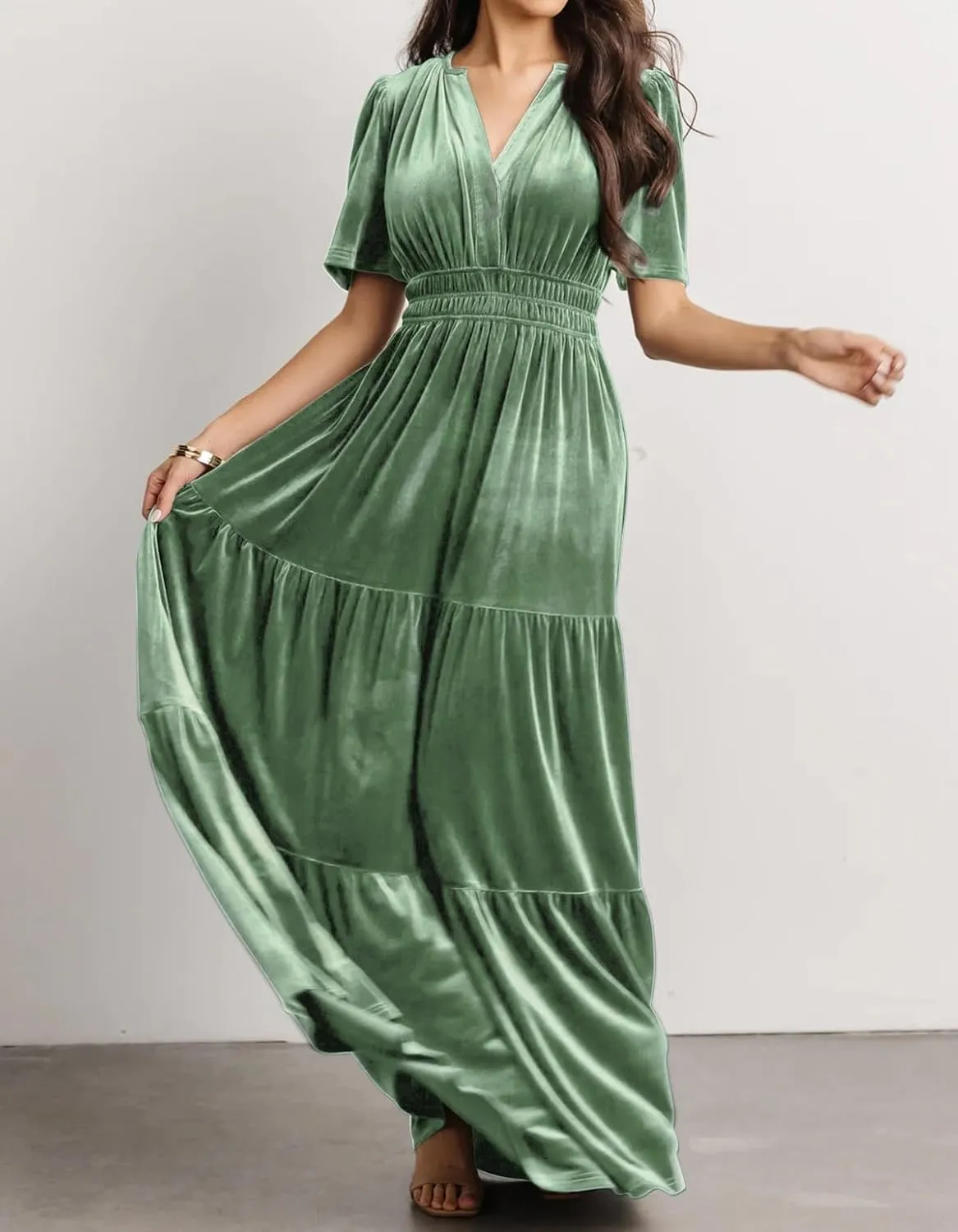 R.Vivimos Women's Fall Winter Vintage Velvet Dress Short Sleeve V Neck Elastic Waist Tiered Ruffle A-Line Flowy Maxi Dress