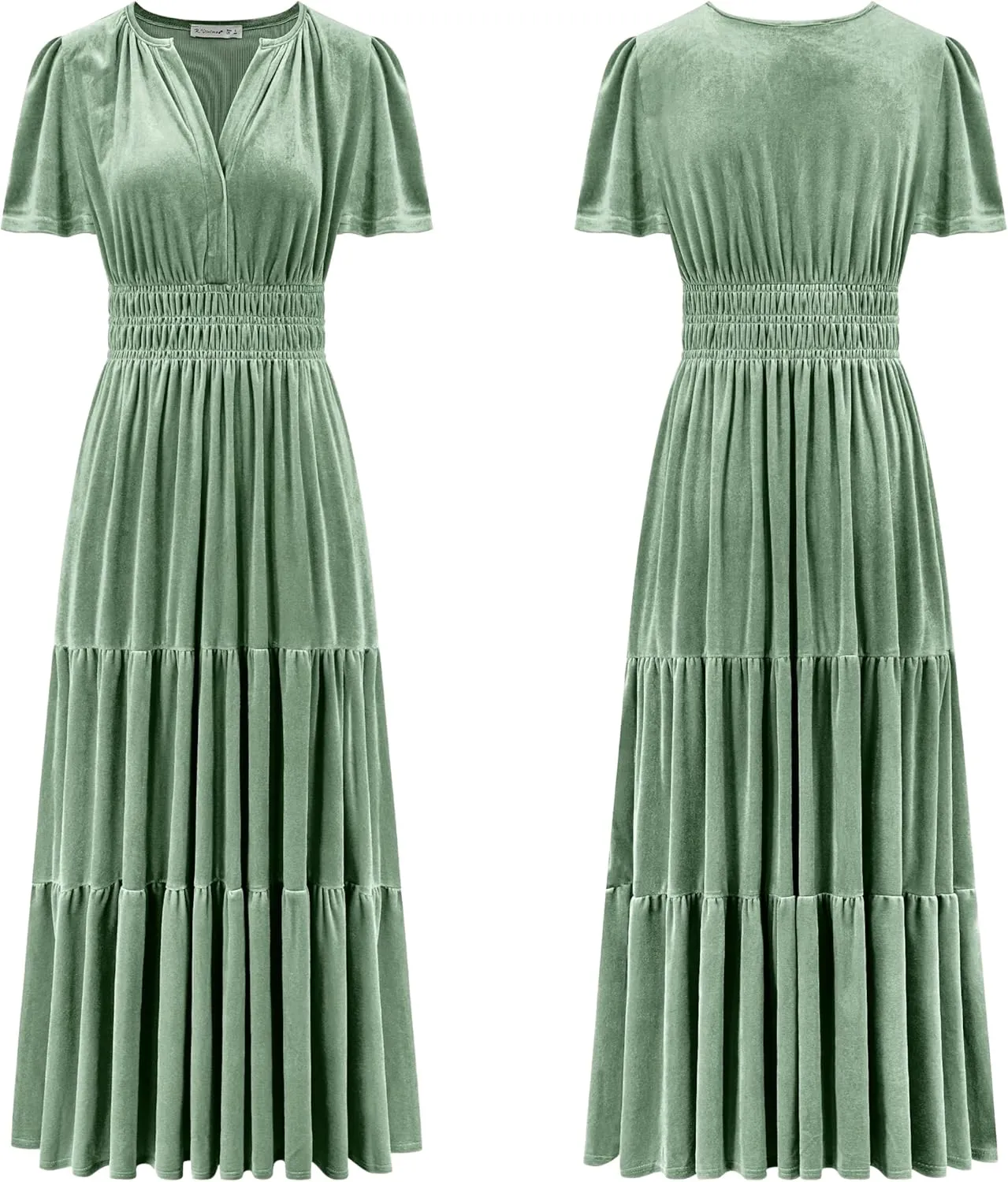 R.Vivimos Women's Fall Winter Vintage Velvet Dress Short Sleeve V Neck Elastic Waist Tiered Ruffle A-Line Flowy Maxi Dress
