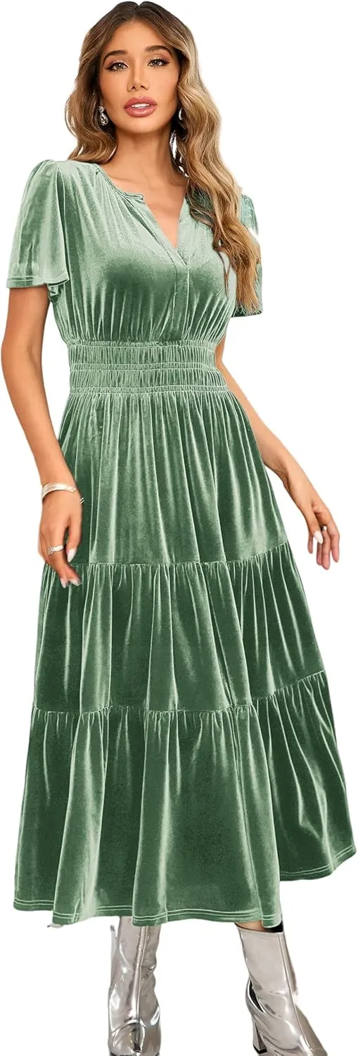 R.Vivimos Women's Fall Winter Vintage Velvet Dress Short Sleeve V Neck Elastic Waist Tiered Ruffle A-Line Flowy Maxi Dress
