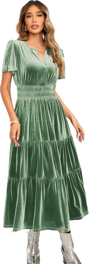 R.Vivimos Women's Fall Winter Vintage Velvet Dress Short Sleeve V Neck Elastic Waist Tiered Ruffle A-Line Flowy Maxi Dress