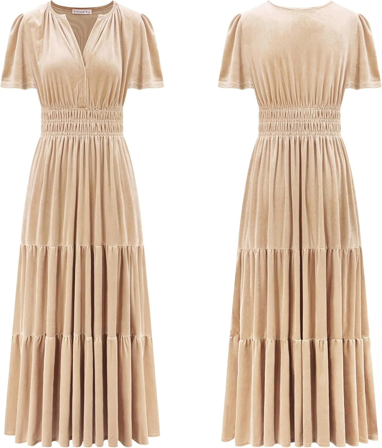 R.Vivimos Women's Fall Winter Vintage Velvet Dress Short Sleeve V Neck Elastic Waist Tiered Ruffle A-Line Flowy Maxi Dress