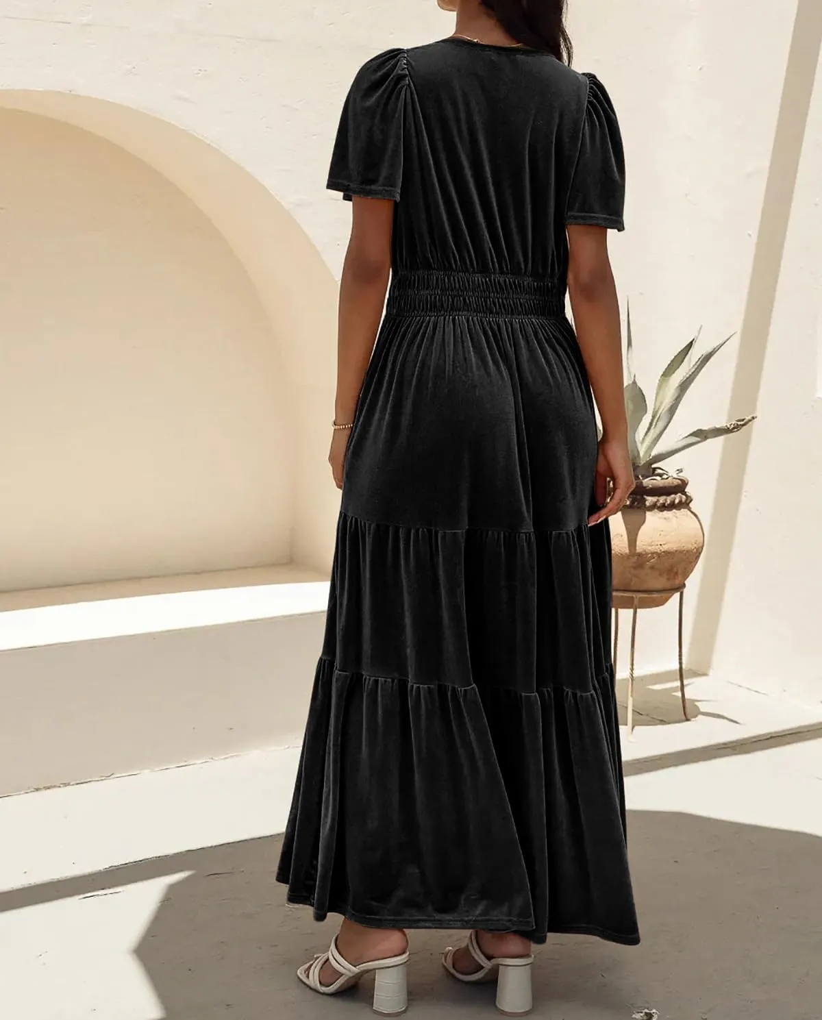 R.Vivimos Women's Fall Winter Vintage Velvet Dress Short Sleeve V Neck Elastic Waist Tiered Ruffle A-Line Flowy Maxi Dress