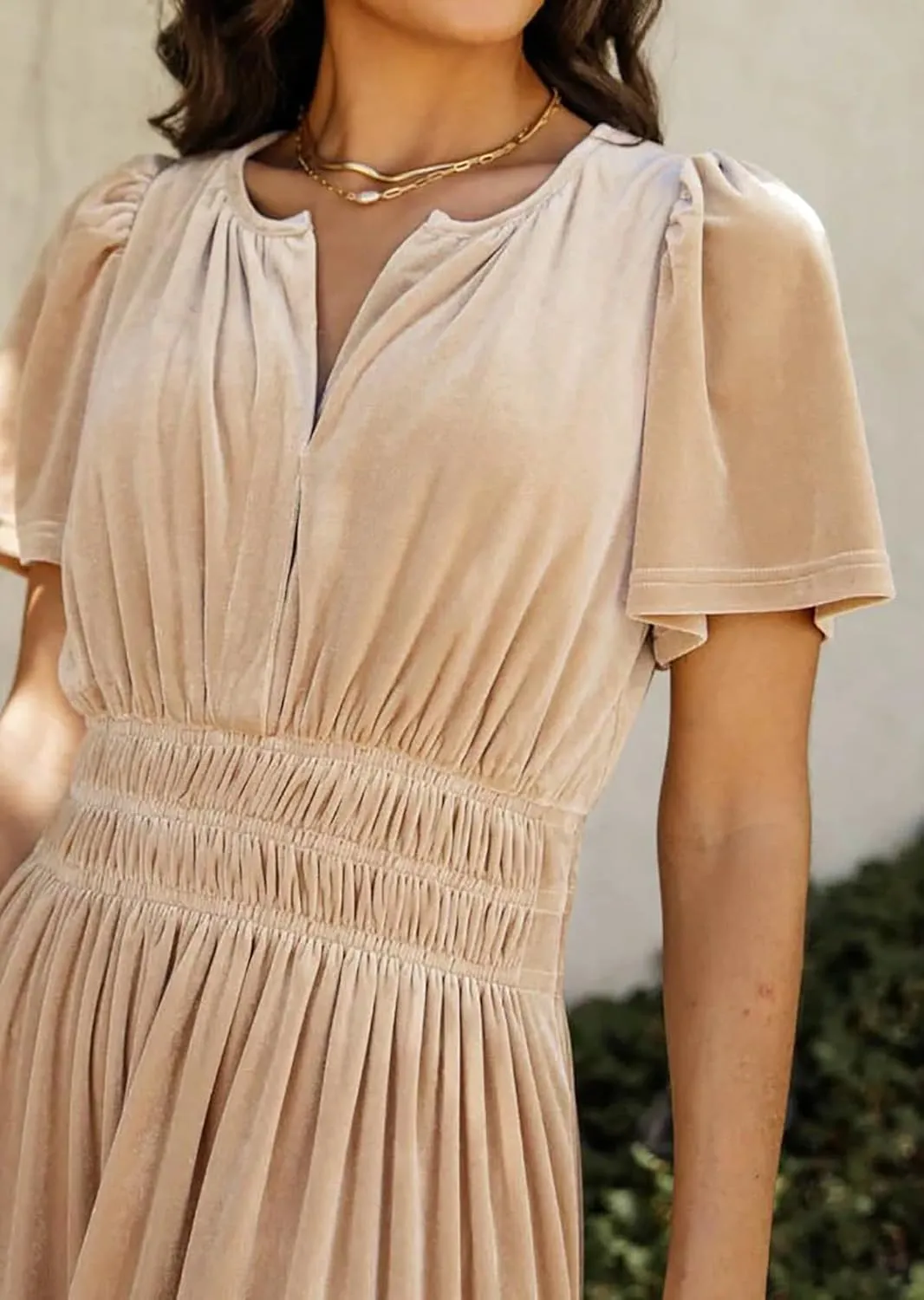 R.Vivimos Women's Fall Winter Vintage Velvet Dress Short Sleeve V Neck Elastic Waist Tiered Ruffle A-Line Flowy Maxi Dress