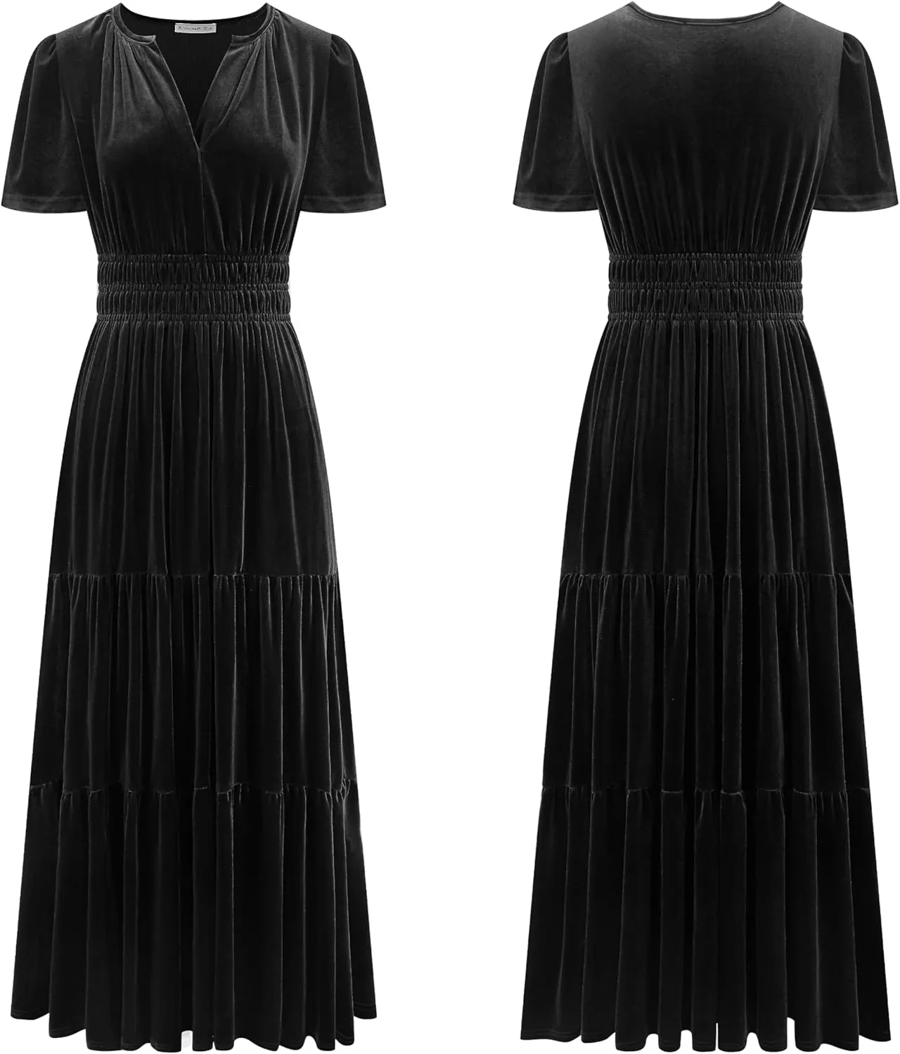 R.Vivimos Women's Fall Winter Vintage Velvet Dress Short Sleeve V Neck Elastic Waist Tiered Ruffle A-Line Flowy Maxi Dress