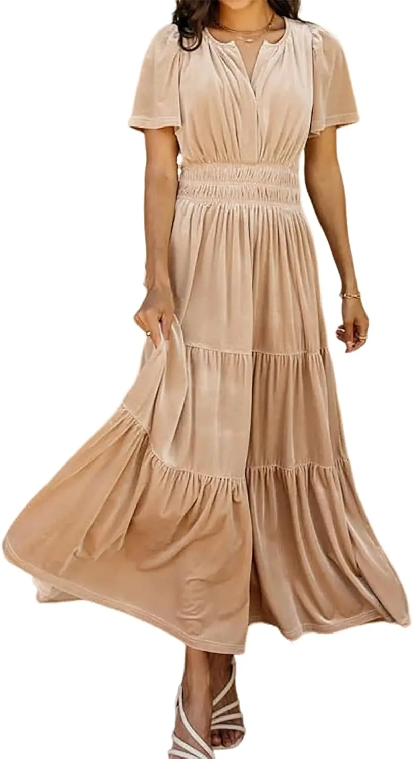 R.Vivimos Women's Fall Winter Vintage Velvet Dress Short Sleeve V Neck Elastic Waist Tiered Ruffle A-Line Flowy Maxi Dress