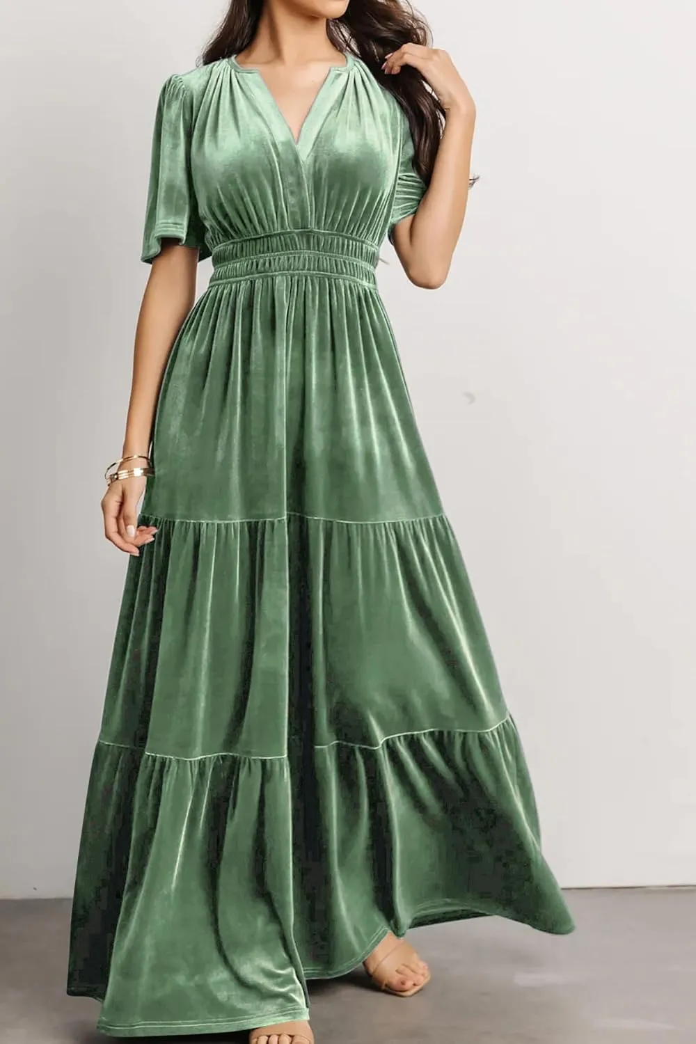 R.Vivimos Women's Fall Winter Vintage Velvet Dress Short Sleeve V Neck Elastic Waist Tiered Ruffle A-Line Flowy Maxi Dress