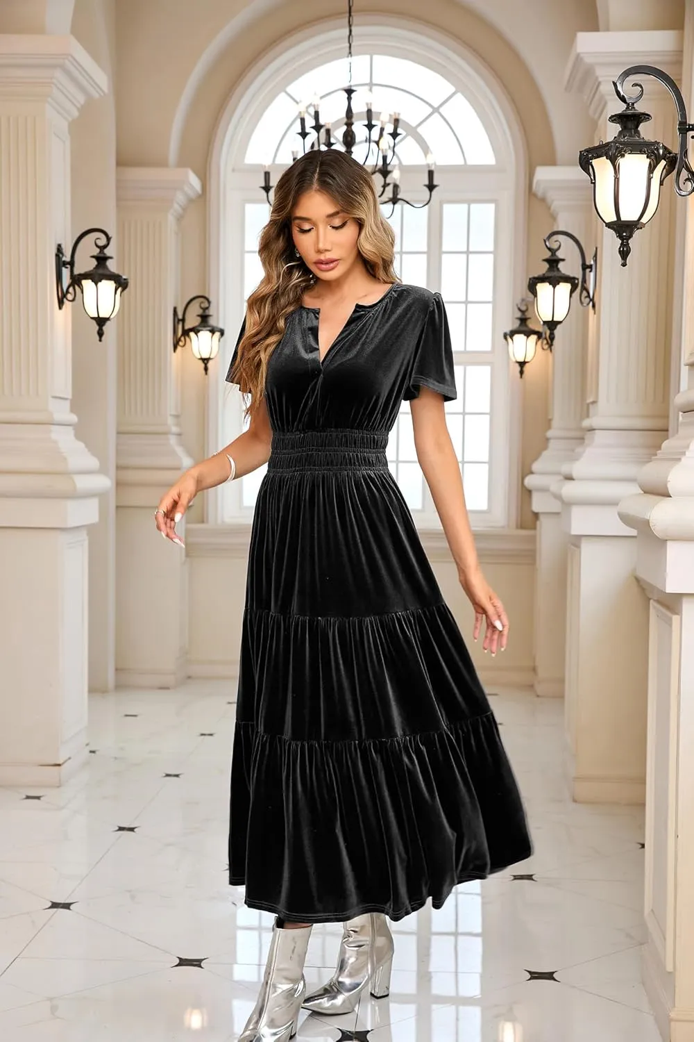 R.Vivimos Women's Fall Winter Vintage Velvet Dress Short Sleeve V Neck Elastic Waist Tiered Ruffle A-Line Flowy Maxi Dress
