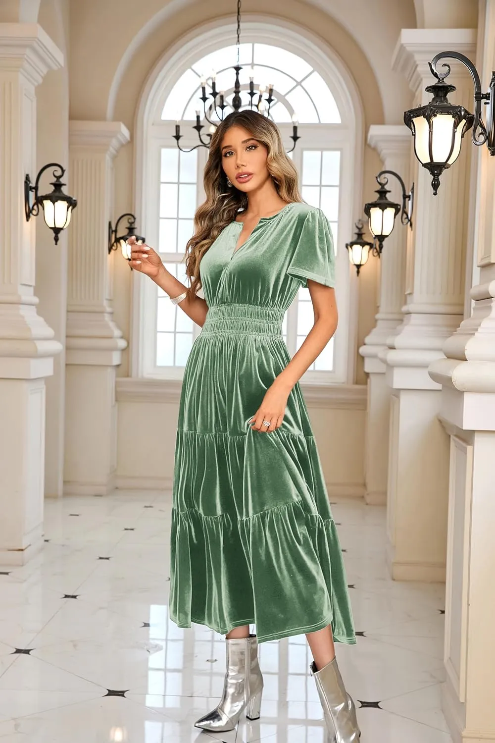 R.Vivimos Women's Fall Winter Vintage Velvet Dress Short Sleeve V Neck Elastic Waist Tiered Ruffle A-Line Flowy Maxi Dress