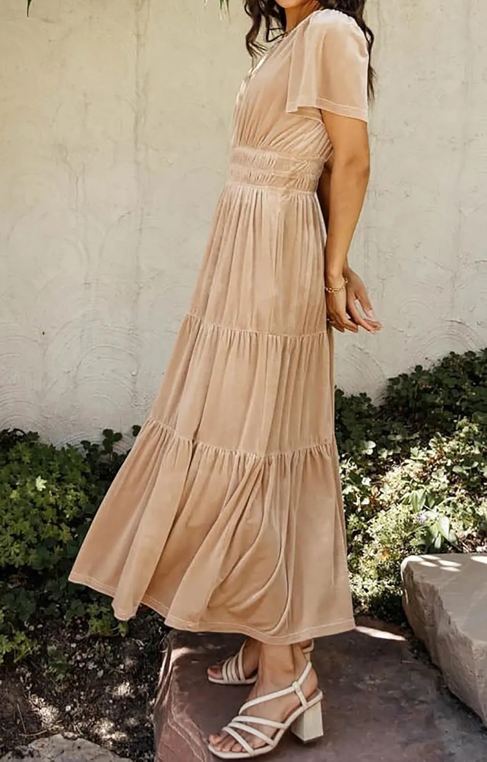 R.Vivimos Women's Fall Winter Vintage Velvet Dress Short Sleeve V Neck Elastic Waist Tiered Ruffle A-Line Flowy Maxi Dress
