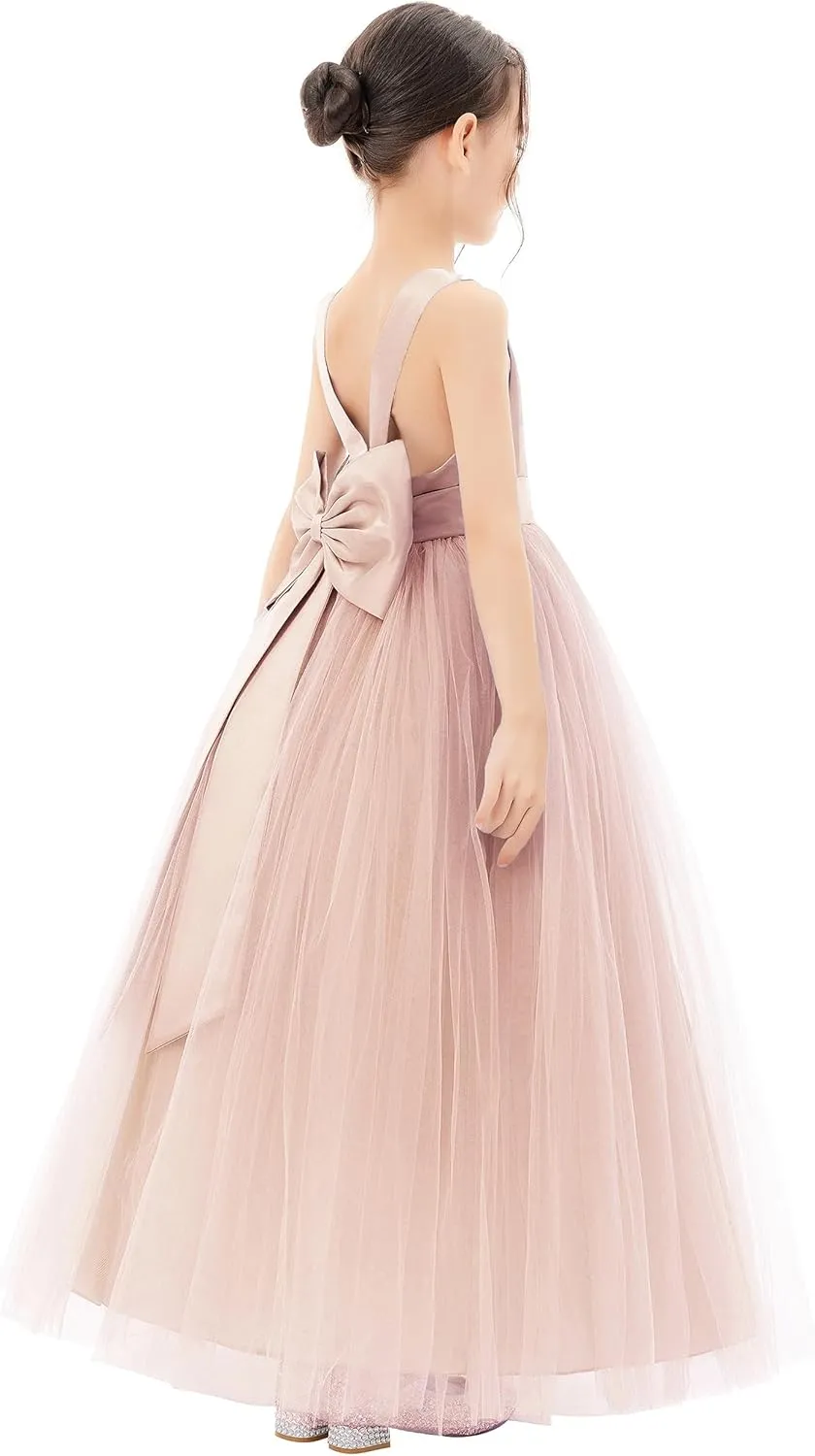 Satin Backless Tulle Flower Girl Dresses for Special Occasions Bridesmaid 722