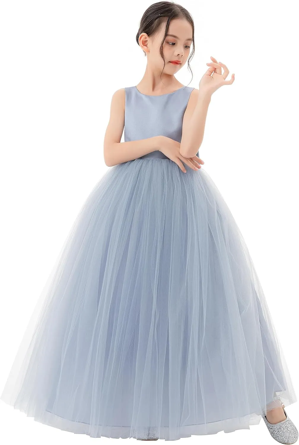 Satin Backless Tulle Flower Girl Dresses for Special Occasions Bridesmaid 722