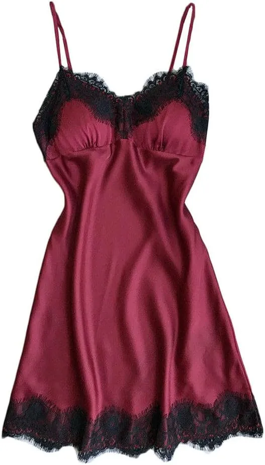 Satin Lace Lingerie for Women Plus Size Floral Embroidered Chemise Bosom Cushion Bra Nightgown Full Slips Sleepwear