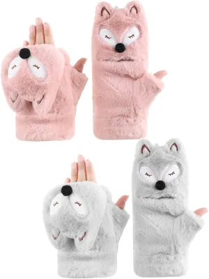SATINIOR 2 Pairs Winter Gloves for Women Thick Warm Soft Plush Convertible Flip Top Mittens Full Finger Gloves for Girls(Fox,Pink, Gray)