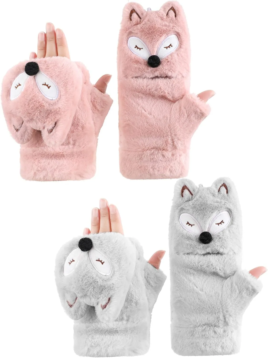 SATINIOR 2 Pairs Winter Gloves for Women Thick Warm Soft Plush Convertible Flip Top Mittens Full Finger Gloves for Girls(Fox,Pink, Gray)
