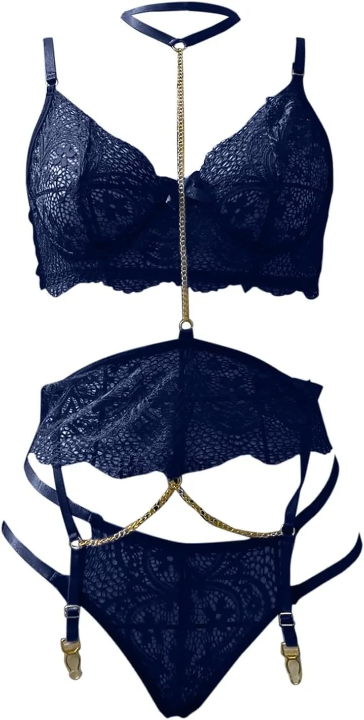 Sexy Choker Floral Lace Underwire Push Up Garter Belt Lingerie Set for Women Sheer Bra and Panty 3 Piece Gothic Lingerie