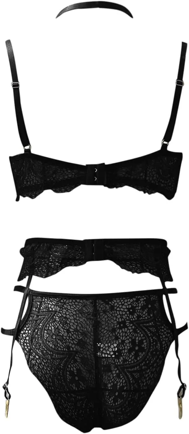 Sexy Choker Floral Lace Underwire Push Up Garter Belt Lingerie Set for Women Sheer Bra and Panty 3 Piece Gothic Lingerie